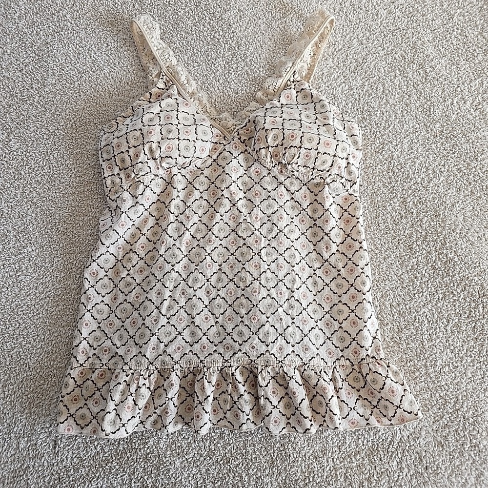 LEI Cream Diamond Pattern Babydoll Cami Tank Top Lace Trim Padded Bra Y2K 90s XL